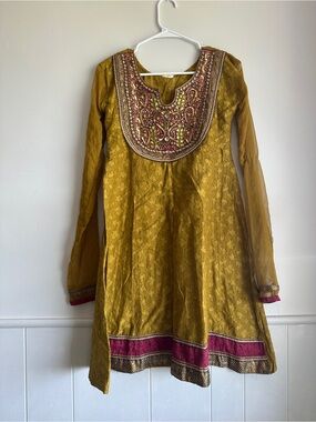 Mustard Embroidered Kurta with Pink Trim